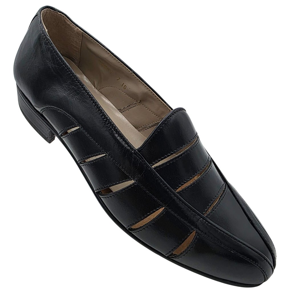 Vintage New Brassboot Spain Mens 7 Black Leather Loafer Dress Shoes Sandals Nos